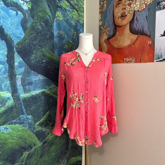 fig and flower embroidered floral blouse pink coral button down pm - Picture 2 of 5
